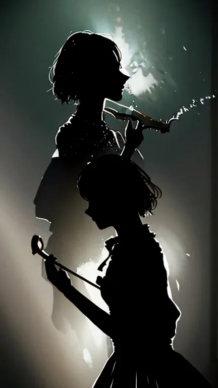 silhouette female violinist, victorian dress, sorrow splash paint art style. image in epic silhouette.