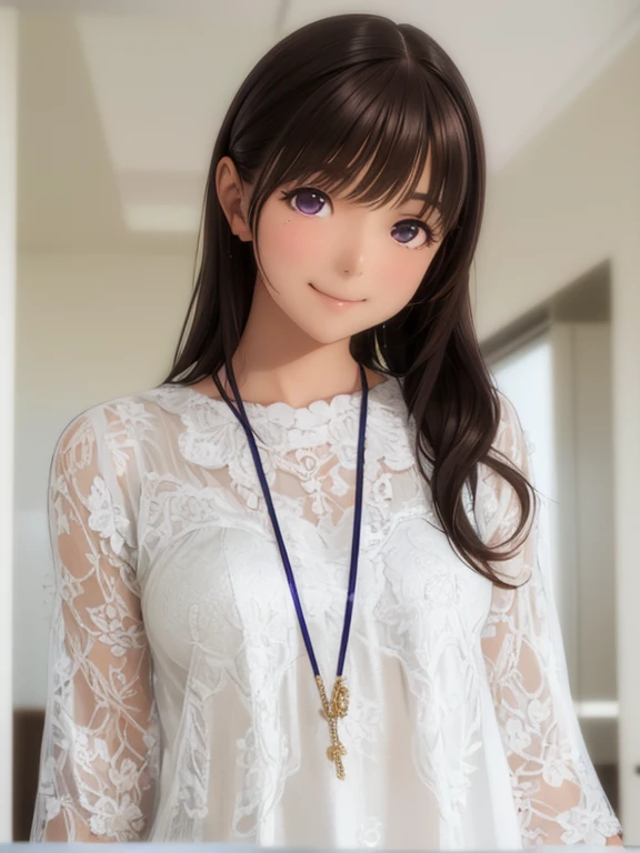 High resolution,In 8K,highest quality,detailed,Semi-realistic anime,Anime 3D Style,Smooth anime CG,One Girl,19-year-old woman in Japan,slim,Modeled,Shiny brown hair,Medium Hair,detailedな顔,Beautiful and detailed,Glowing Skin,White lace dress,straggling hair,Angelic hairstyle,Small breasts,((Looking at the camera)),((Mouth closed)),((Smile)),(Deep violet sparkling eyes),(顔の陰影がdetailed)