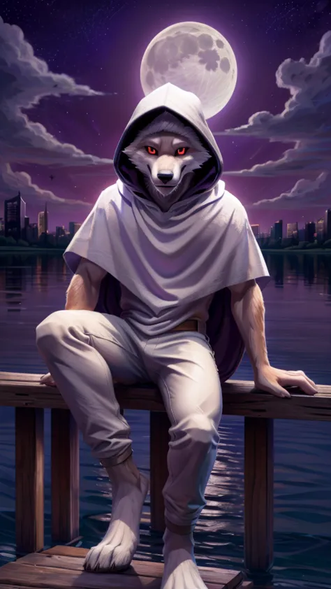 high resolution, 4k, high detail, one male, furry, solo, death, white fur, red eyes, tail, ((white hood, white shirt, white pant...