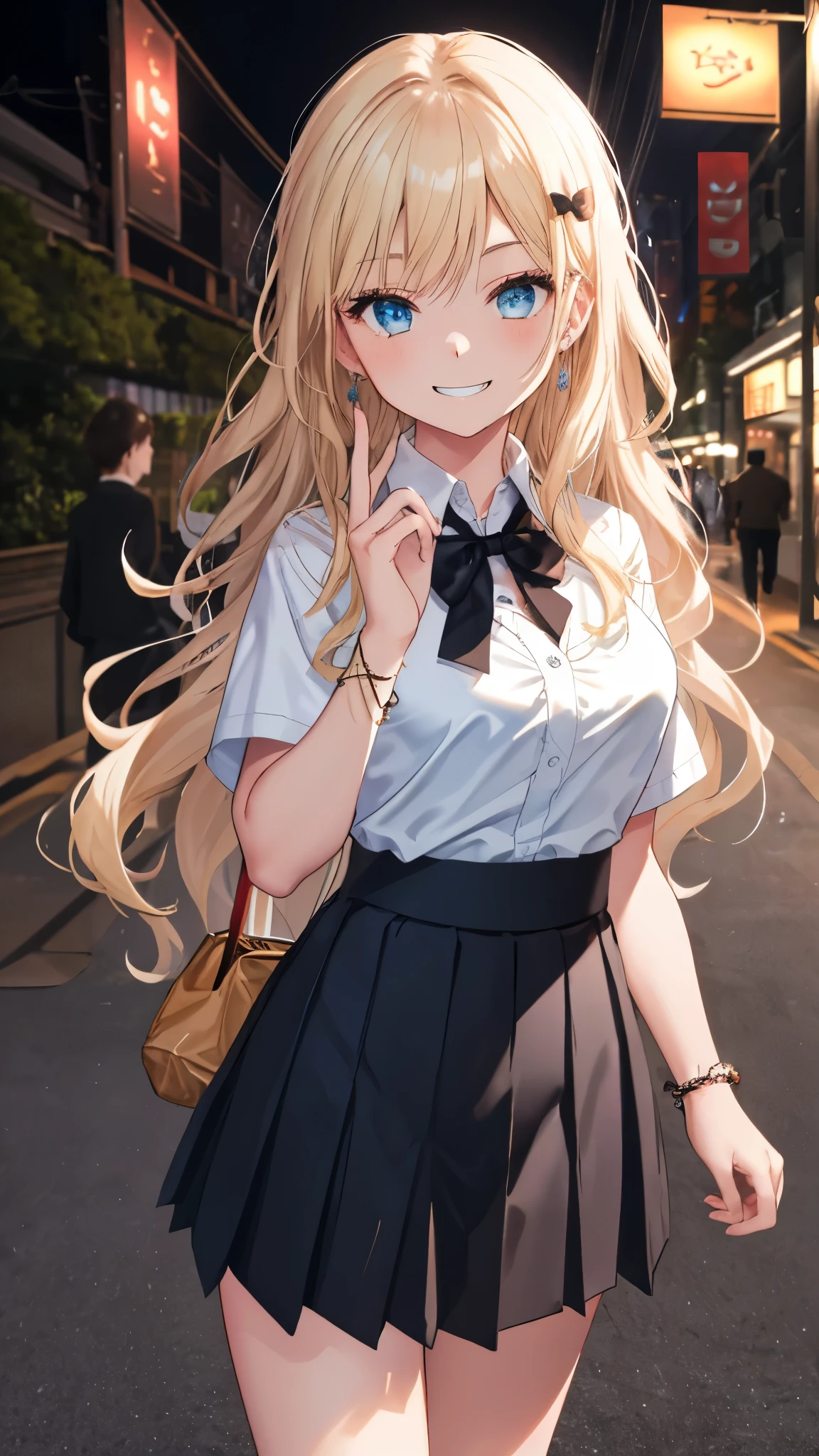 (8K、Highest quality、highest quality、masterpiece)、Detailed face、One girl、Blonde、Long Hair、Wavy Hair、light blue eyes、evil smile、((Grin))、Moderate chest、Black bow tie、((White shirt))、Short sleeve、((Black pleated skirt))、Cowboy Shot、Are standing、((Night view))、lovehogai, scenery, japan
