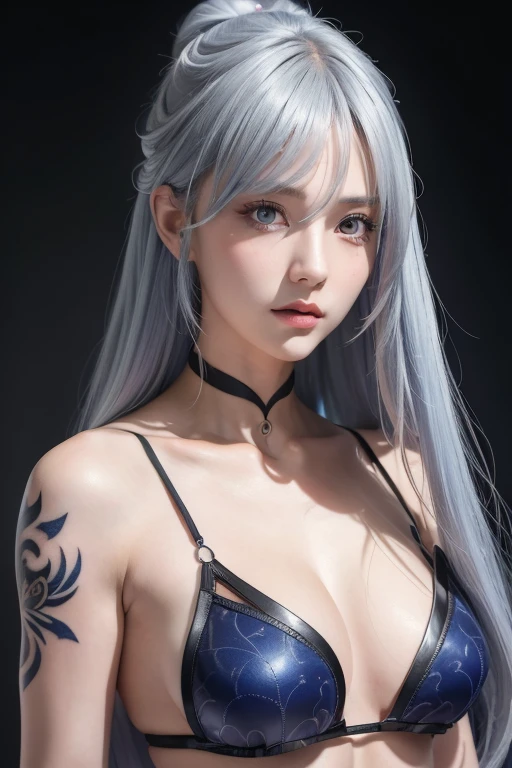 Anime Style、White skin、Gray Hair、Blue streaks in the tip of my hair、Upward-facing eyes、Large and conspicuous、dark、female、高周波のdetailed (((Sharpness))))、((Sharp Focus: 1.2)Face_v1: 0.7 )hand、Best well-drawn high resolution wallpapers、Original High Resolution、Bare legs、Exposed breasts、(Work - Work - Masterpiece: 1、2)。 detailed: Tattoo Artist、Tattoo Artistのドレス、tattoo of entire arm、Arm tattoo、arm with tattoo、arm with tattoo、Tattooed chest、neck tattoo、Tank topを着ている、Tank top、Red eyes、Red iris