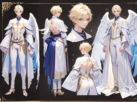 ((Masterpiece, Highest quality)), Male, boy, Detailed face, character design sheet， full bodyesbian, Full of details, frontal body view, back body view, Highly detailed, Depth, Many parts, angel wings, angel outfit, Muscle boy with blond hair bangs，handsom...