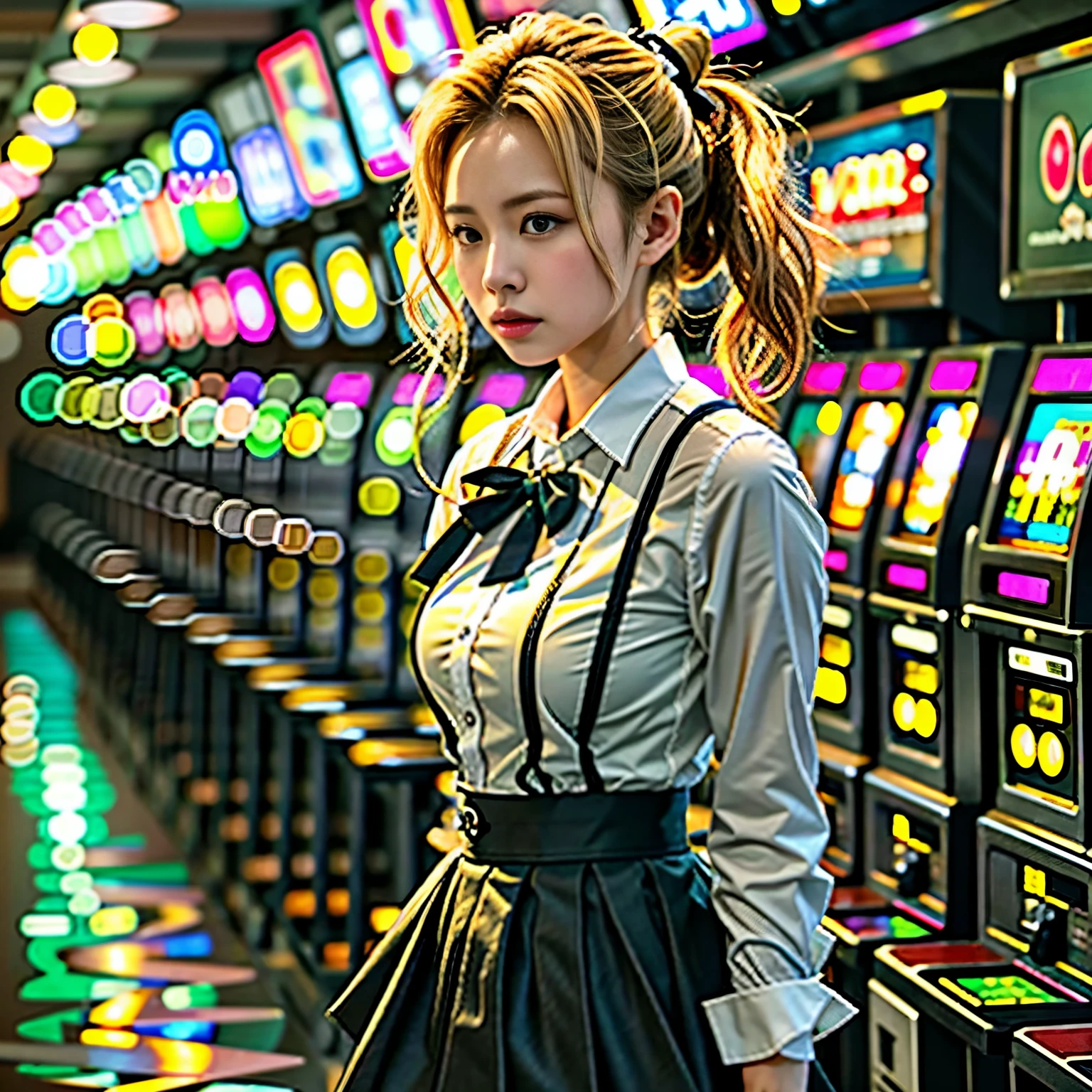 A young and beautiful woman、Hair Bun、Blonde with dark roots、clerk、staff、Forward bending pose:1.65、 look back、Beautiful profile、Surprised face、Her skirt moves(panties exposed:1.22)、(White Shirt、Ribbon bow tie、mini skirt、Quilted vest、)、A hallway lined with slot machines、In the dim light, only the slot machine is lit、Shoot at a low angle、