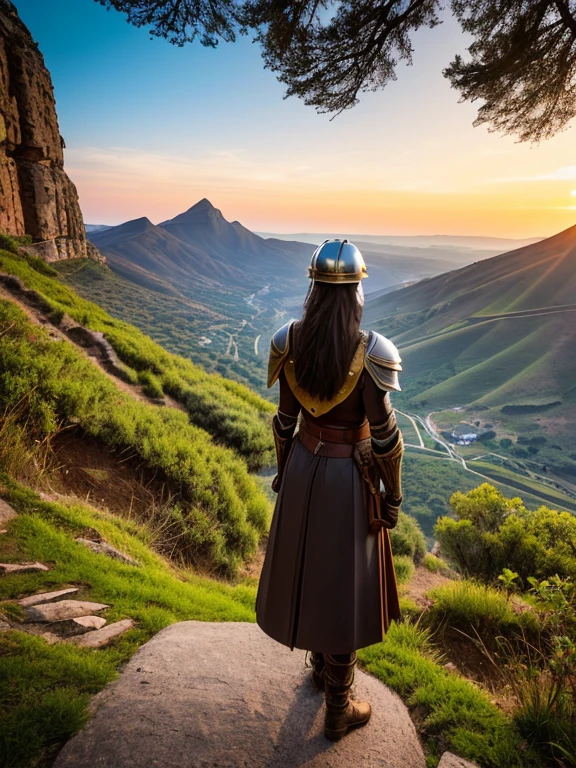 At the top of a steep hill, against the twilight horizon, an imposing figure stands with majesty. A woman, wearing full armor, stands at the highest point of the terrain, gazing determinedly into the valley below. Her helmet is adorned with intricate details, with a visor that reveals only her resolute eyes, shining with the golden light of the setting sun.

Her armor, polished to an impeccable shine, is a masterpiece of craftsmanship, each plate meticulously forged to offer maximum protection without compromising mobility. Each piece gleams as it reflects the last rays of sunlight, creating a striking contrast with the somber landscape around her.

In her right hand, she holds a longsword, whose gleaming blade seems eager to challenge any adversary that dares to cross her path. In the left, a shield adorned with a familiar crest, symbol of her lineage and heritage.

The wind gently stirs the cape that envelops her shoulders, highlighting her firm and confident posture. She is a fearless warrior, a defender of her realm and her people, ready to face any challenge that fate may hold.

Around her, the medieval scenery unfolds in all its grandeur. Castle towers rise against the orange-tinted sky, while verdant fields stretch as far as the eye can see. The distant sound of church bells and the clashing of swords echo through the air, reminding her of the constantly conflicted world she has sworn to protect.

In this solemn moment, she prepares to descend the steep slope toward the valley below, where destiny awaits with its challenges and dangers. But she does not falter; her heart is filled with courage and determination, ready to face any battle that life may present her.