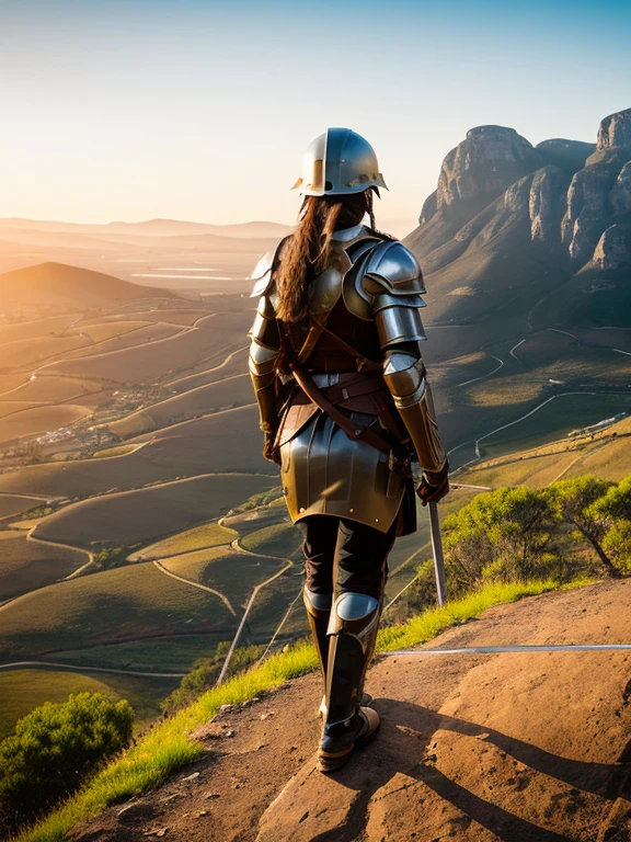 At the top of a steep hill, against the twilight horizon, an imposing figure stands with majesty. A woman, wearing full armor, stands at the highest point of the terrain, gazing determinedly into the valley below. Her helmet is adorned with intricate details, with a visor that reveals only her resolute eyes, shining with the golden light of the setting sun.

Her armor, polished to an impeccable shine, is a masterpiece of craftsmanship, each plate meticulously forged to offer maximum protection without compromising mobility. Each piece gleams as it reflects the last rays of sunlight, creating a striking contrast with the somber landscape around her.

In her right hand, she holds a longsword, whose gleaming blade seems eager to challenge any adversary that dares to cross her path. In the left, a shield adorned with a familiar crest, symbol of her lineage and heritage.

The wind gently stirs the cape that envelops her shoulders, highlighting her firm and confident posture. She is a fearless warrior, a defender of her realm and her people, ready to face any challenge that fate may hold.

Around her, the medieval scenery unfolds in all its grandeur. Castle towers rise against the orange-tinted sky, while verdant fields stretch as far as the eye can see. The distant sound of church bells and the clashing of swords echo through the air, reminding her of the constantly conflicted world she has sworn to protect.

In this solemn moment, she prepares to descend the steep slope toward the valley below, where destiny awaits with its challenges and dangers. But she does not falter; her heart is filled with courage and determination, ready to face any battle that life may present her.