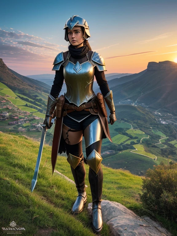 At the top of a steep hill, against the twilight horizon, an imposing figure stands with majesty. A woman, wearing full armor, stands at the highest point of the terrain, gazing determinedly into the valley below. Her helmet is adorned with intricate details, with a visor that reveals only her resolute eyes, shining with the golden light of the setting sun.

Her armor, polished to an impeccable shine, is a masterpiece of craftsmanship, each plate meticulously forged to offer maximum protection without compromising mobility. Each piece gleams as it reflects the last rays of sunlight, creating a striking contrast with the somber landscape around her.

In her right hand, she holds a longsword, whose gleaming blade seems eager to challenge any adversary that dares to cross her path. In the left, a shield adorned with a familiar crest, symbol of her lineage and heritage.

The wind gently stirs the cape that envelops her shoulders, highlighting her firm and confident posture. She is a fearless warrior, a defender of her realm and her people, ready to face any challenge that fate may hold.

Around her, the medieval scenery unfolds in all its grandeur. Castle towers rise against the orange-tinted sky, while verdant fields stretch as far as the eye can see. The distant sound of church bells and the clashing of swords echo through the air, reminding her of the constantly conflicted world she has sworn to protect.

In this solemn moment, she prepares to descend the steep slope toward the valley below, where destiny awaits with its challenges and dangers. But she does not falter; her heart is filled with courage and determination, ready to face any battle that life may present her.