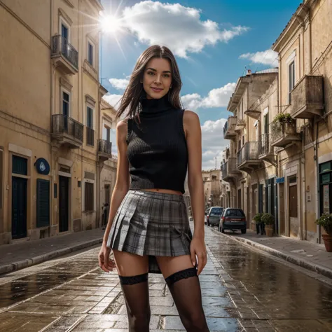 1 woman, long loose black hair, in sassi_di_Matera, landscape of Matera, solo, alone, outdoors, buildings, clouds and milky way ...