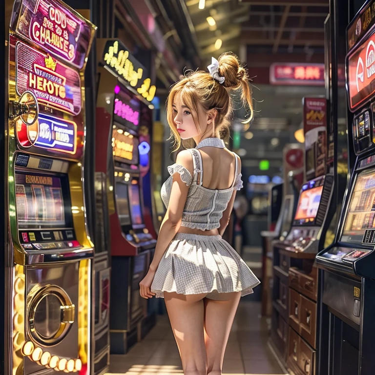 A young and beautiful woman、Hair Bun、Blonde with dark roots、clerk、staff、Forward bending pose:1.65、 look back、Beautiful profile、Surprised face、Her skirt moves(panties exposed:1.22)、(White Shirt、Ribbon bow tie、mini skirt、Quilted vest、)、A hallway lined with slot machines、In the dim light, only the slot machine is lit、(Take a low angle shot of the back)、