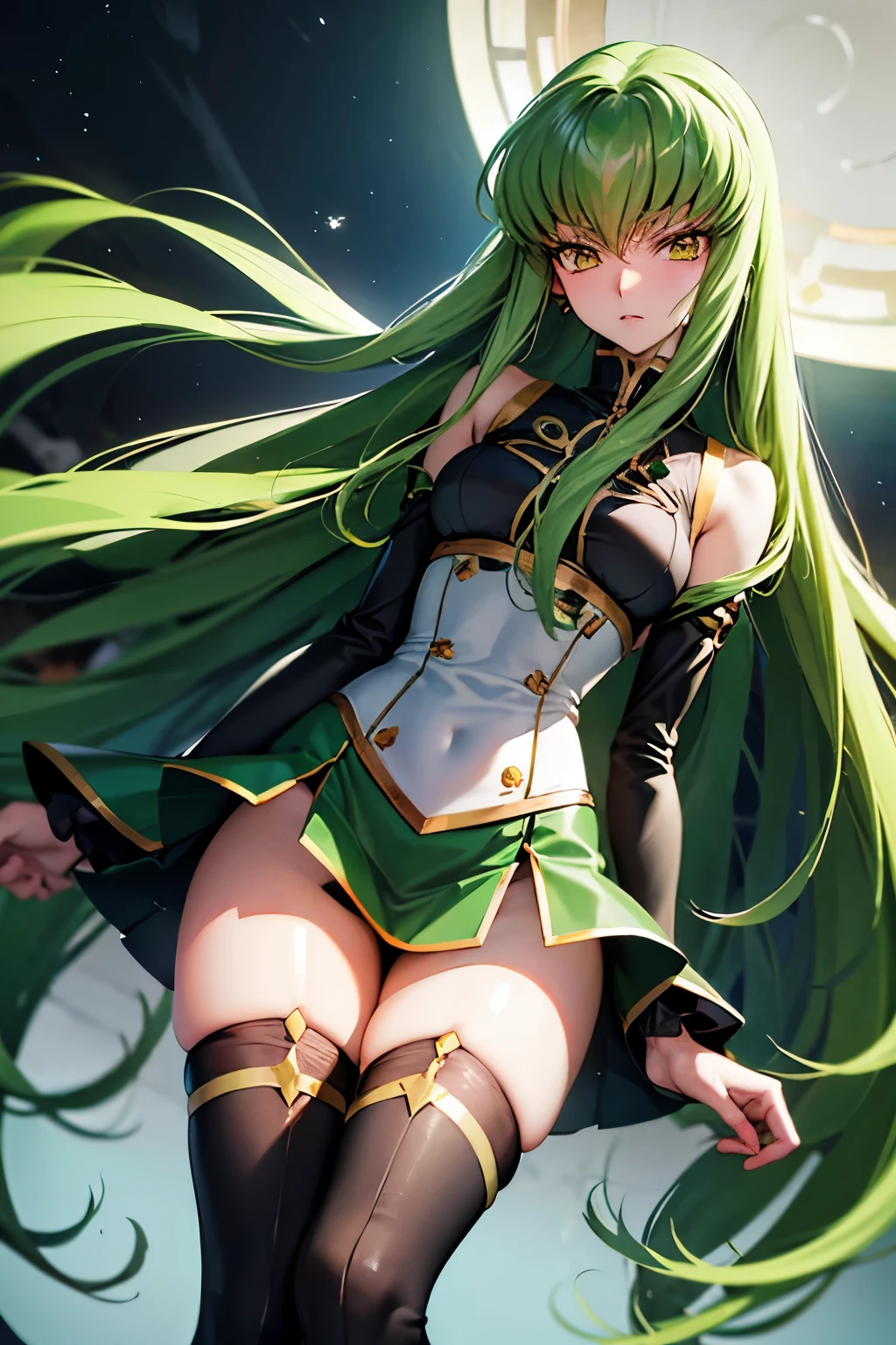 C.C、Code Geass、Green Hair、Long Hair、((Thigh-high socks))、Photo from below、Medium chest、full moon、((Black Knights Clothing))、mini skirt、Have a skirt