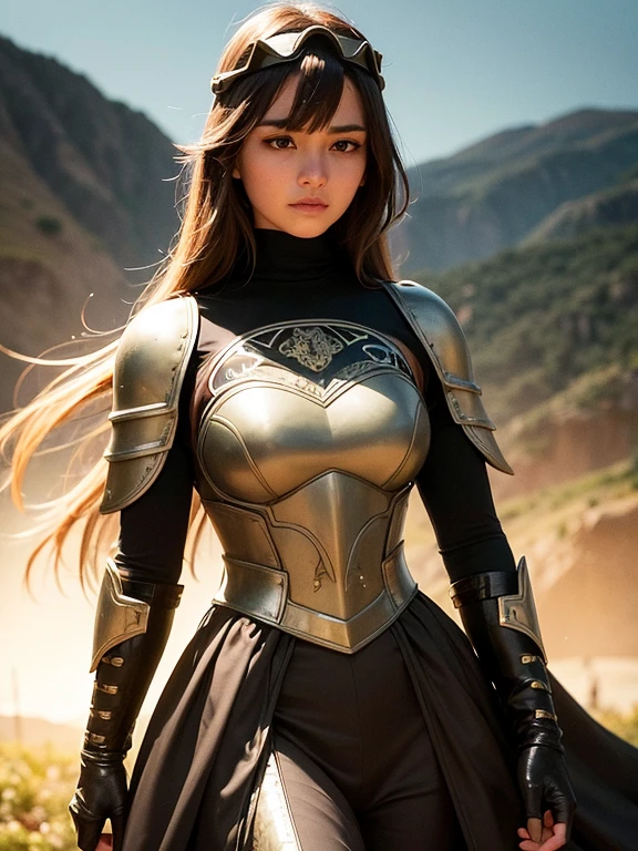 At the top of a steep hill, against the twilight horizon, an imposing figure stands with majesty. A woman, wearing full armor, stands at the highest point of the terrain, gazing determinedly into the valley below. Her helmet is adorned with intricate details, with a visor that reveals only her resolute eyes, shining with the golden light of the setting sun.

Her armor, polished to an impeccable shine, is a masterpiece of craftsmanship, each plate meticulously forged to offer maximum protection without compromising mobility. Each piece gleams as it reflects the last rays of sunlight, creating a striking contrast with the somber landscape around her.

In her right hand, she holds a longsword, whose gleaming blade seems eager to challenge any adversary that dares to cross her path. In the left, a shield adorned with a familiar crest, symbol of her lineage and heritage.

The wind gently stirs the cape that envelops her shoulders, highlighting her firm and confident posture. She is a fearless warrior, a defender of her realm and her people, ready to face any challenge that fate may hold.

Around her, the medieval scenery unfolds in all its grandeur. Castle towers rise against the orange-tinted sky, while verdant fields stretch as far as the eye can see. The distant sound of church bells and the clashing of swords echo through the air, reminding her of the constantly conflicted world she has sworn to protect.

In this solemn moment, she prepares to descend the steep slope toward the valley below, where destiny awaits with its challenges and dangers. But she does not falter; her heart is filled with courage and determination, ready to face any battle that life may present her.