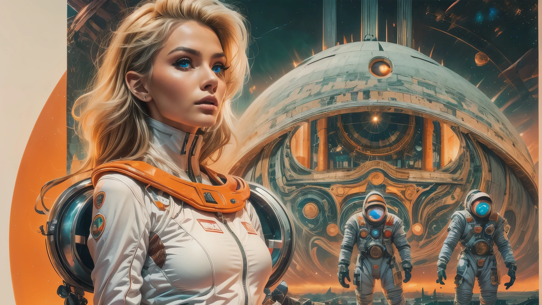 arafed image of a white woman in a futuristic suit with a spaceship in the background, movie art, in front of an orange background, inspired by Robert McGinnis, female protagonist, megastructure in the background, portrait of an ai astronaut, astronauts, an astronaut, portrait of a astronaut skeletor, perfect android girl, detailed eyes, perfectly detailed teeth, frank franzzeta and sakimichan  