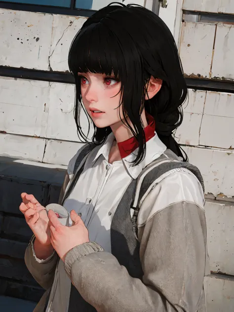 masterpiece, highly detailed, best quality, 1girl, solo, Luna, black hair, loose low tied hair, red eyes, uniform