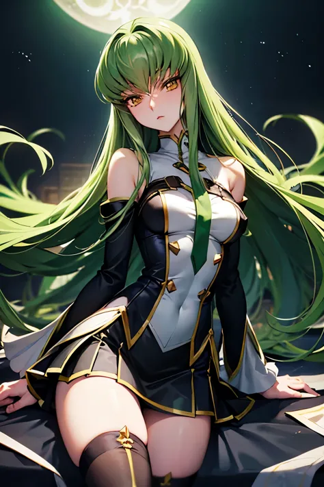 C.C、Code Geass、Green Hair、Long Hair、((Thigh-high socks))、Photo from below、Medium chest、full moon、((Black Knights Clothing))、mini...