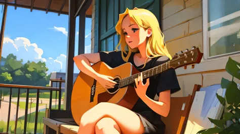 A beautiful blonde female playing an acoustic guitar on a porch, masterpiece,