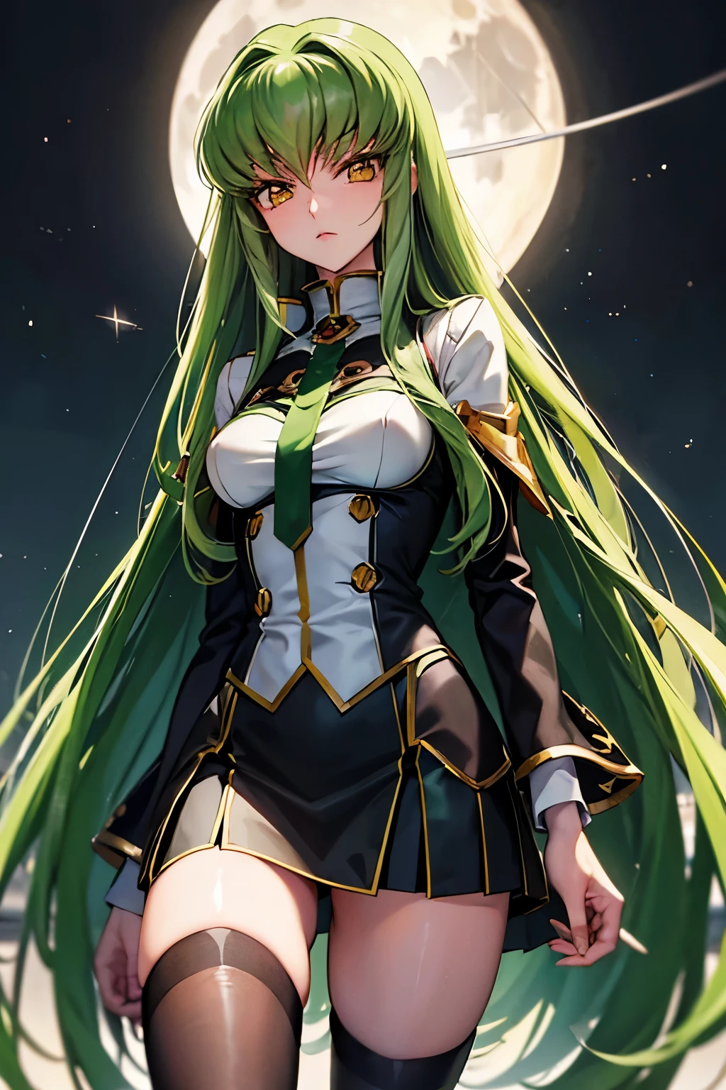 C.C、Code Geass、Green Hair、Long Hair、((Thigh-high socks))、Photo from below、Medium chest、full moon、((Black Knights Clothing))、mini skirt、Trampling