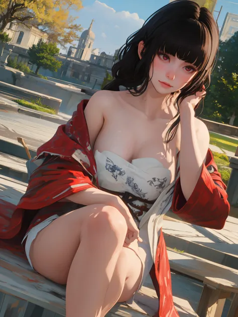 masterpiece, highly detailed, best quality, 1girl, solo, Luna, black hair, loose low tied hair, red eyes, naked