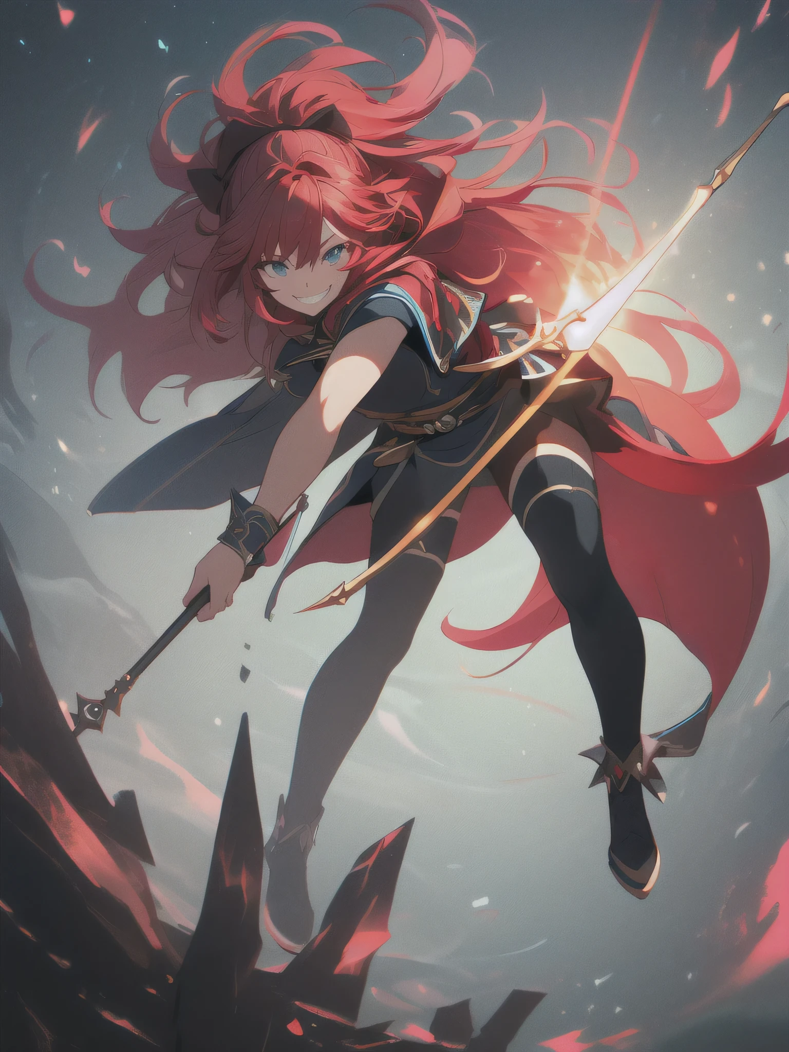 (best quality),(ultra detailed),(extremely detailed),(absolutely resolution) ,solo, absurdres,8k, 1girl,full body,  wizard, holding magician's staff, grin, ultra detailed eyes, long hair, messy hair, (red hair:1.2), 