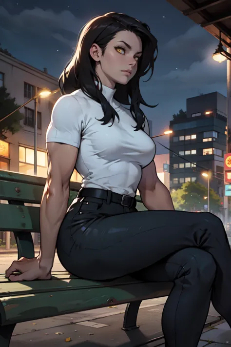 a muscular woman with sitting on a park bench at night by herself black hair yellow eyes pale skin