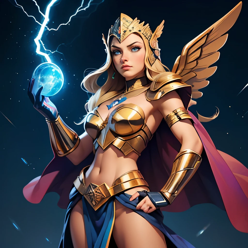 masterpiece, best quality, masterpiece, godlike quality, godlike art, highly detailed face, 1woman, digital illustration of Thundra, the Asgardian hero, standing confidently in her dark blue/purple armor with gold trim inspired by Jack Kirby's designs. blonde hair. Capture the essence of her power as she commands thunder and lightning, with her cape resembling a star field. Include the (((Norse helm with gold wings))) and showcase her right hand covered in a heavy armored glove. cosmic background. deep v neck. stern expression, (best quality), (masterpiece), realistic, sharp, 8k, (helmet), (purple armor), valkyrie, (full body), pretty face, (blue eyes), (((left hand glove))), (((Armored left hand))), bare right hand, star pattern, good hands, detailed hands. (((full helmet))), (((Helmet that covers the head with nose guard)))
