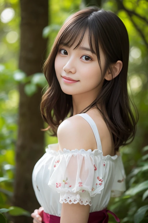 リアルな写真qualidade da imagem、８ｋqualidade da imagem、Uma mulher está parada na floresta, Rosto lindo de mulher japonesa, Ídolo jovem realista de gravura, Fotos fofas de retratos realistas, Uma modelo de menina elegante e bonita, lindo rosto lindo, atraente mulher japonesa、um sorriso suave e gentil、olhos detalhados e lindos、peito ligeiramente grande、Cabelo morena médio-longo、Uma fina, transparente branco transparente々nova Luz、Iluminação Profissional