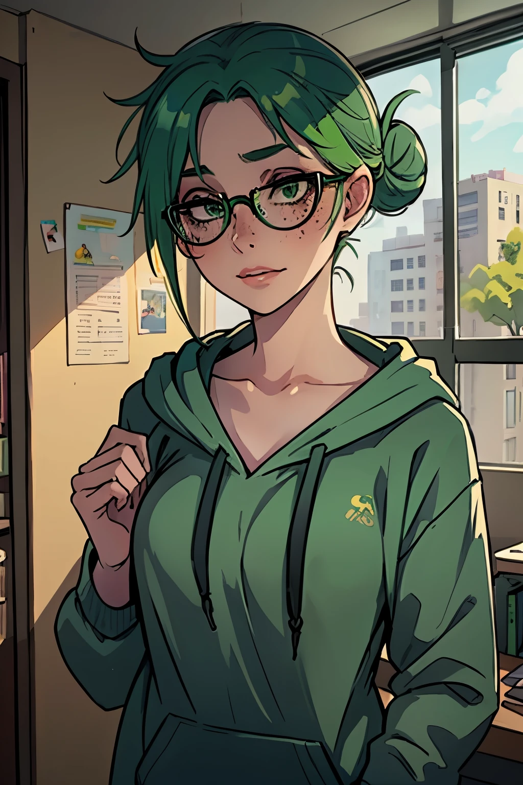 Masterpiece, best quality, 23 years old, college student, centered in frame, portrait, female, pale skin, shy expression, busty, nerdy, glasses, eye bags, nervous, peach lips, tied up messy bun hair, pastel green hair, dorm room landscape, green eyes, wears baggy hoodie, green freckles, beautiful,