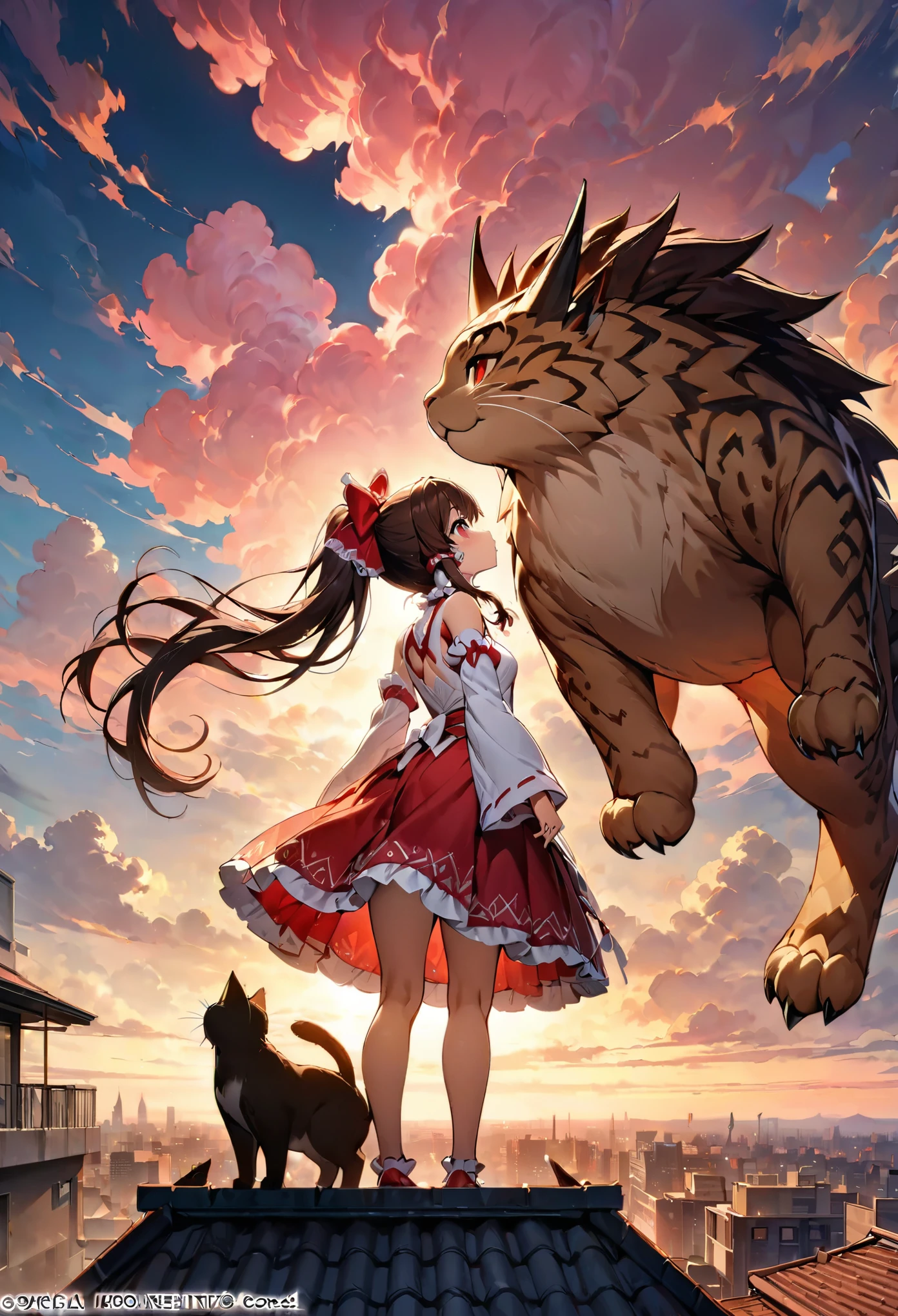 (Masterpiece, best quality, official art), A girl in a white dress stands on the roof of an apartment building, looking up at her giant cat friend that is as large as she and has red eyes, against a sunset sky with pink clouds,A cute girl and a huge dragon cat stand on the rooftop, shooting from the lowest point, kissing,1girl, solo, long hair, skirt, brown hair, bow, standing, ponytail, hair bow, detached sleeves, red bow, red skirt, animal, hair tubes, whiskers, oversized animal, hakurei reimu