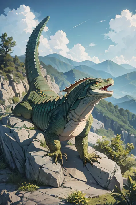 gigantic monstrous lizard on a rocky slope, roaring, varanus komanii