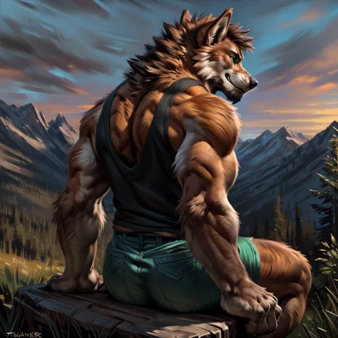 "masterpiece, cool pose, furry werewolf, werewolf, furry body, anthro orange werewolf, (monotone orange fur:1.3), male, black be...