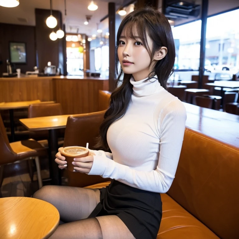 芝生の上に座ってコーヒーを飲んでいる女性がいます, コーヒーショップで, カフェに座っている, カフェに座っている alone, コーヒーを飲んでいる, コーヒーを飲む, 謎のコーヒーショップガール, (((白いタートルネックシャツ,短いスカート、タイトスカート))), コーヒーショップでコーヒーを楽しむ, 日本の女の子, 8k)), カフェに一人で座る, タピオカティーを飲む、(黒タイツ、薄いタイツ,20デニールタイツ)、(体の輪郭を強調する服,胸の真ん中:1.4)、ショートヘア、巨乳、美脚、セクシーな脚