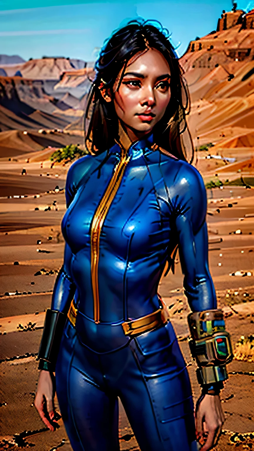 In this 8k CG masterpiece, a stunningly beautiful Asian girl stands proudly amidst the arid wasteland, her perfect face and body radiating in hyper-realistic detail. her alabaster skin is meticulously rendered, each pore and wrinkle visible yet smooth to the touch. Her long, wavy chestnut hair is tousled by the wind, framing her perfectly symmetrical, oblong face. Her piercing green eyes gazed intently, full of life and curiosity. She wears a sleek blue vaultsuit, the advanced technology integrating seamlessly with her body, and on her wrist, the iconic pipboy3000.