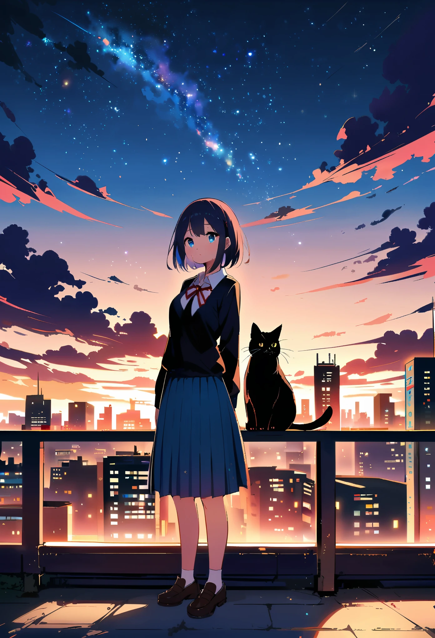 1fille, Cheveux courts, yeux bleus, jupe, chemise, holding, uniforme scolaire, debout, En plein air, Ciel, nuage, blue jupe, nuit, animal, chat, bâtiment, étoile \(Ciel\), paysage, étoilery Ciel, Ville, Villescape, moustaches, toit, animal surdimensionné