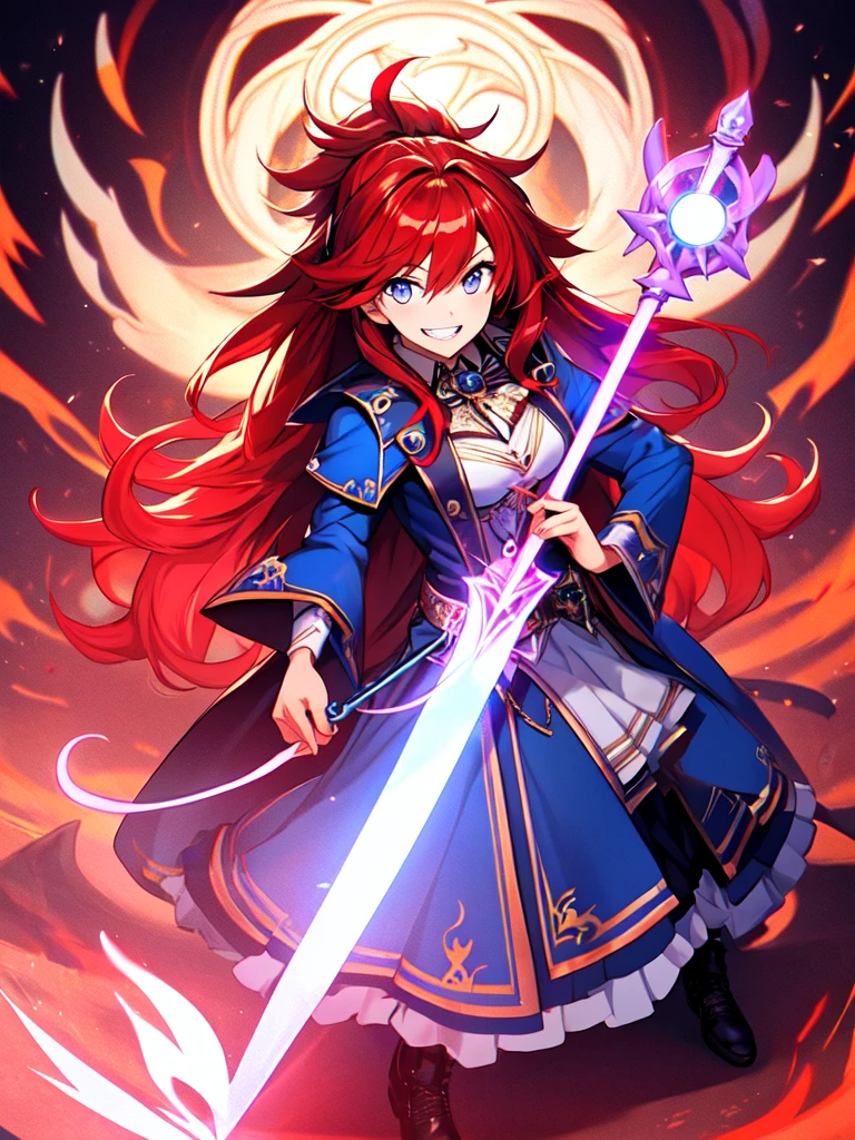 (best quality),(ultra detailed),(extremely detailed),(absolutely resolution) ,solo, absurdres,8k, 1girl,full body,  wizard, holding magician's staff, grin, ultra detailed eyes, beautiful eyes, long hair, messy hair, (red hair:1.2), 