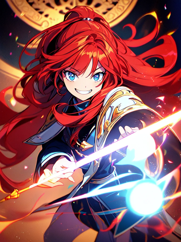 (best quality),(ultra detailed),(extremely detailed),(absolutely resolution) ,solo, absurdres,8k, 1girl,full body,  wizard, holding magician's staff, grin, ultra detailed eyes, beautiful eyes, long hair, messy hair, (red hair:1.2), 