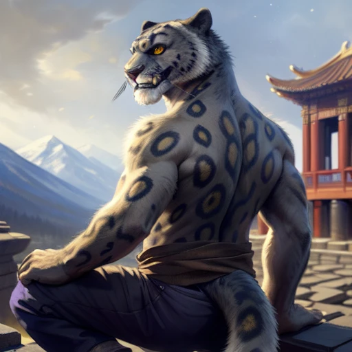 (by taran fiddler), (by darkgem:0.8), (by chunie:1), masterpiece, grey fur, nipples, navel, portrait, seductive, looking at viewer, smile, grin, teeth, (tailung:1.2), snow leopard, (gold eyes), detailed eyes, male, solo, anthro, crouched on roof, (looking back), roof tiles (detailed temple background), Chinese temple, (night), (Purple pants, brown sash)