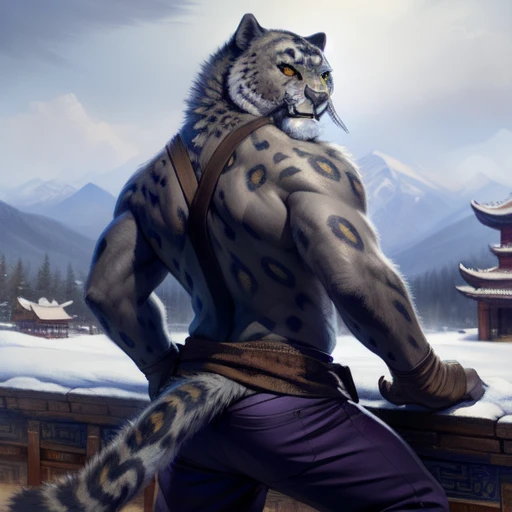 (by taran fiddler), (by darkgem:0.8), (by chunie:1), masterpiece, grey fur, nipples, navel, portrait, seductive, looking at viewer, smile, grin, teeth, (tailung:1.2), snow leopard, (gold eyes), detailed eyes, male, solo, anthro, crouched on roof, (looking back), roof tiles (detailed temple background), Chinese temple, (night), (Purple pants, brown sash)