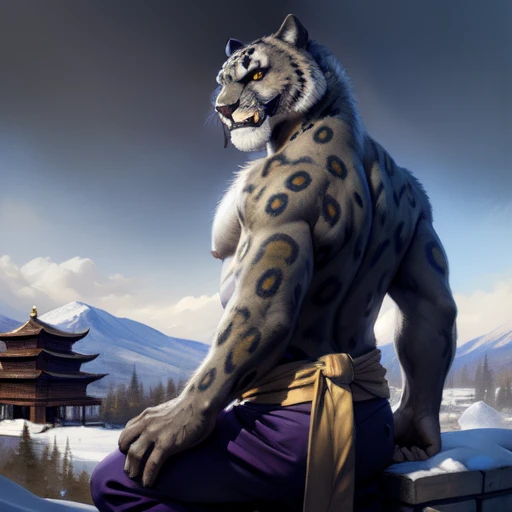 (by taran fiddler), (by darkgem:0.8), (by chunie:1), masterpiece, grey fur, nipples, navel, portrait, seductive, looking at viewer, smile, grin, teeth, (tailung:1.2), snow leopard, (gold eyes), detailed eyes, male, solo, anthro, crouched on roof, (looking back), roof tiles (detailed temple background), Chinese temple, (night), (Purple pants, gold sash)