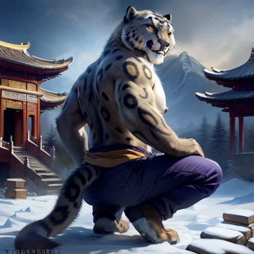 (by taran fiddler), (by darkgem:0.8), (by chunie:1), masterpiece, grey fur, nipples, navel, portrait, seductive, looking at viewer, smile, grin, teeth, (tailung:1.2), snow leopard, (gold eyes), detailed eyes, male, solo, anthro, crouched on roof, (looking back), roof tiles (detailed temple background), Chinese temple, (night), (Purple pants, gold sash)