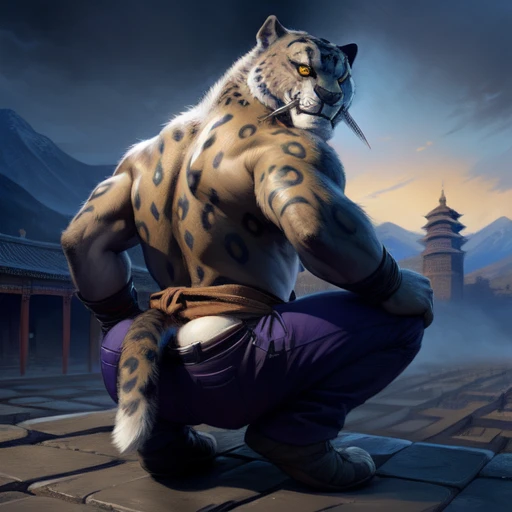 (by taran fiddler), (by darkgem:0.8), (by chunie:1), masterpiece, grey fur, nipples, navel, portrait, seductive, looking at viewer, smile, grin, teeth, (tailung:1.2), snow leopard, (gold eyes), detailed eyes, male, solo, anthro, crouched on roof, (looking back, massive butt), roof tiles (detailed temple background), Chinese temple, (night), (Purple pants, brown sash)