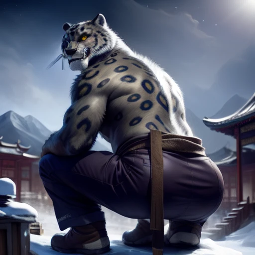 (by taran fiddler), (by darkgem:0.8), (by chunie:1), masterpiece, grey fur, nipples, navel, portrait, seductive, looking at viewer, smile, grin, teeth, (tailung:1.2), snow leopard, (gold eyes), detailed eyes, male, solo, anthro, crouched on roof, (looking back, massive butt), roof tiles (detailed temple background), Chinese temple, (night), (Purple pants, brown sash)