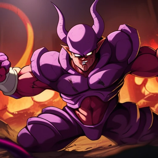 A seriously fighting Janemba with purple armor pants is depicted in an infernal setting. The image is of the best quality, in 4k resolution, and is considered a masterpiece with a 1.2 intensity. Janemba is shirtless, emphasizing his strong physique and demonstrating his readiness for battle. His purple armor is damaged, showcasing the intensity of the fight. The face is well drawn with ultra-detailed features, including beautiful and detailed eyes and lips. The color palette is dominated by shades of red and purple, creating a menacing and intense atmosphere. The lighting is dramatic, with shadows and highlights enhancing the overall mood of the scene.
