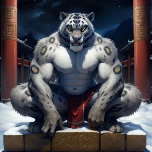 (by taran fiddler), (by darkgem:0.8), (by chunie:1), masterpiece, grey fur, nipples, navel, portrait, seductive, looking at viewer, smile, grin, teeth, (tailung:1.2), snow leopard, (gold eyes), detailed eyes, male, solo, anthro, crouched on roof, (looking back, massive cum filled butt:0.50), roof tiles (detailed temple background), Chinese temple, (night), no clothes