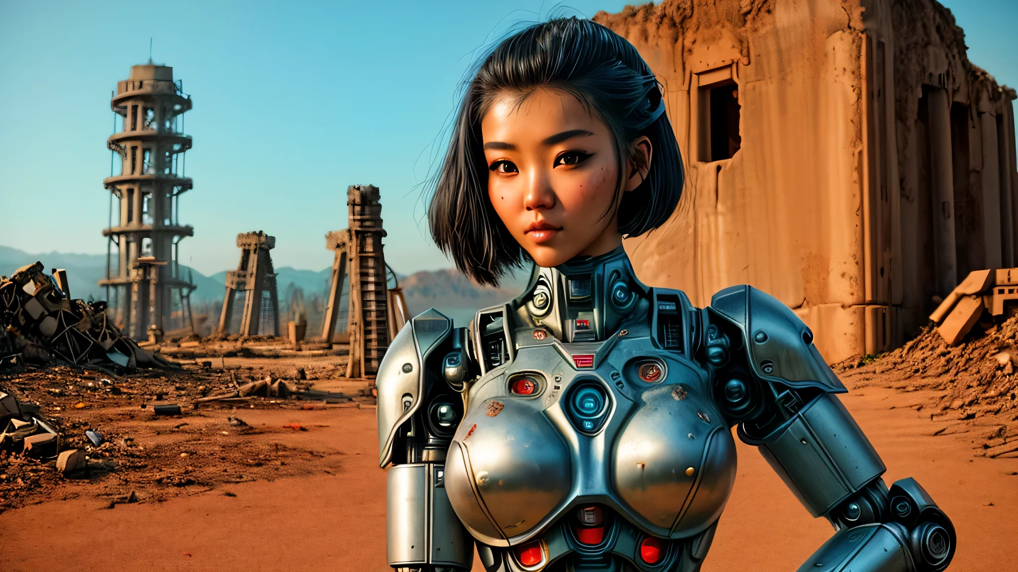 There is a woman in robot suit posing next to ancient ruin, in the apocalypse world  of fallout, beautiful asian girl half-cyborg, cute cyborg girl, beautiful girl cyborg, perfect robot girl, cyborg girl, young cyborg lady, beautiful female robot, beautiful robot woman, cyborg-girl, perfect cyborg female, porcelain cyborg, female robot, beautiful cyborg image