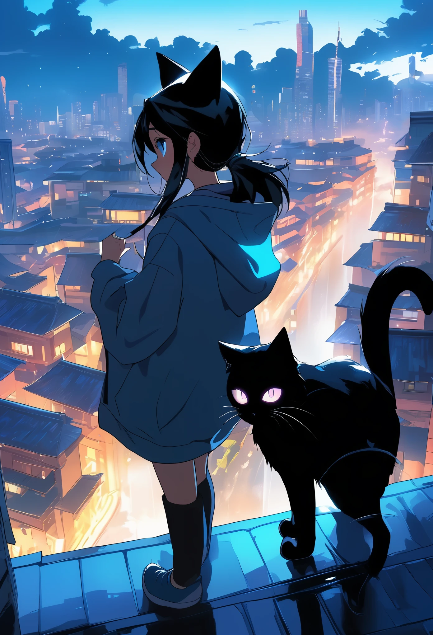 anime cat girl touching giant blue eye black cat with glowing eyes in the style of a rooftop view at night cityscape, 1girl, solo, blue eyes, black hair, long sleeves, upper body, ponytail, outdoors, sky, cloud, hood, looking at another, from side, hoodie, profile, night, glowing, animal, cat, hood down, cloudy sky, building, low ponytail, rain, city, cityscape, black cat, lamppost, whiskers，(Masterpiece, best quality, official art),