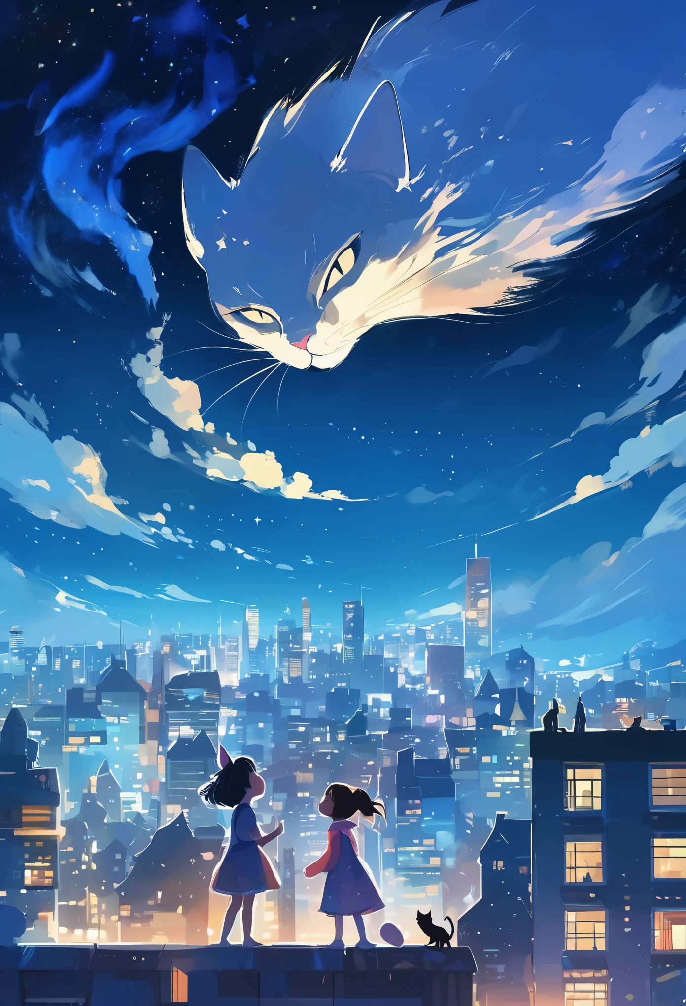 A little girl stands in the middle of the rooftop，Night city and sky as background，A giant cat monster on the right，Kiss with girls，