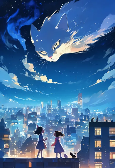 A little girl stands in the middle of the rooftop，Night city and sky as background，A giant cat monster on the right，Kiss with gi...