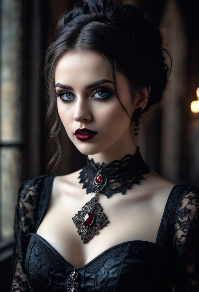 (best quality,highres,masterpiece:1.2),ultra-detailed,(realistic,photorealistic,photo-realistic:1.37),Polish gothic girl,beautiful detailed eyes,beautiful detailed lips,extremely detailed eyes and face,long eyelashes,sexy dress,ornate lace details,elaborate corset,cross pendant necklace,black lace gloves,dark gothic makeup,dramatic eyeliner and dark red lips,vintage background with intricate patterns,gothic architecture,haunting atmosphere,soft lighting to create shadows,dark and mysterious color palette,contrasting highlights and shadows,endless melancholy.