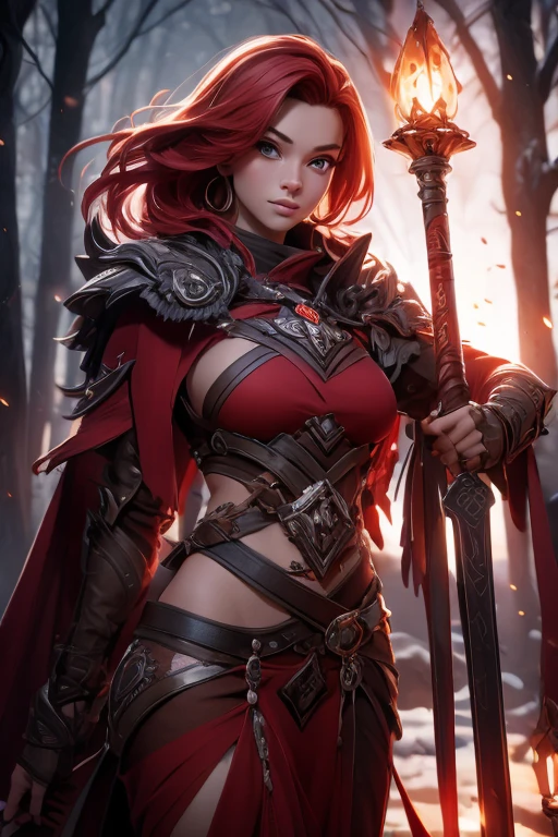 Masterpiece, best quality, brilliant details, cinematic lighting, exciting perspective, young pretty woman, beautiful face, perfect eyes, big firm breasts, perfect proportions, norse type, cameltoe, cinematic pose, red hair, viking warrior, nordic forest