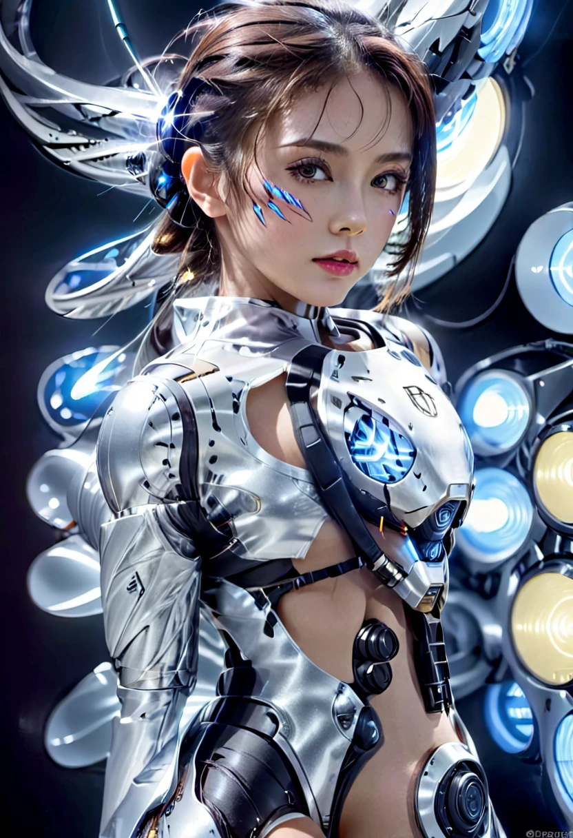 Bio mechanical cyborg girl, full body view, 