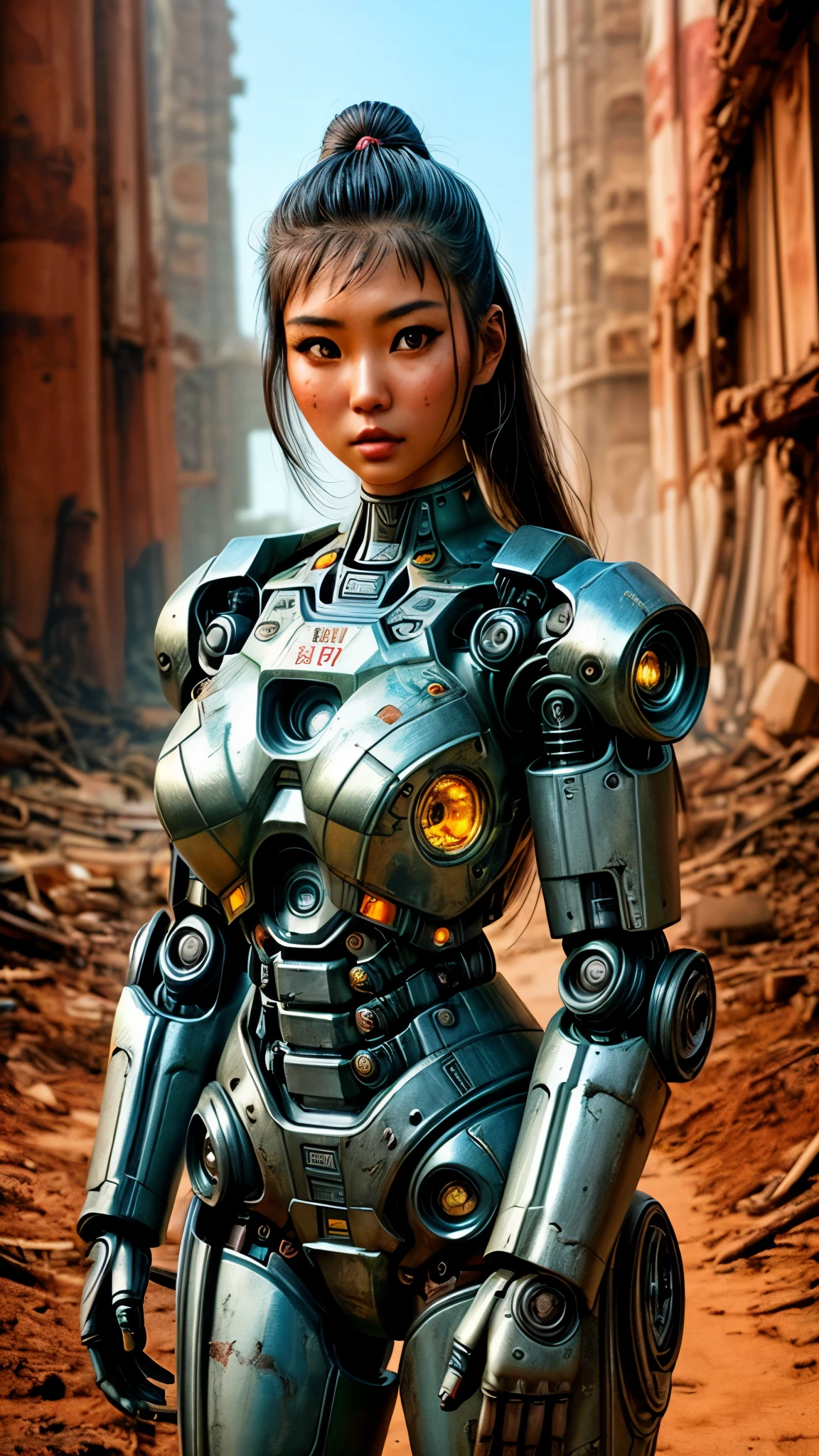 Es gibt eine Frau im Roboteranzug posiert neben einer antiken Ruine, in der Apokalypse-Welt von Fallout, schönes asiatisches Mädchen, Halb-Cyborg, süßes Cyborg-Mädchen, schönes Cyborg-Mädchen, perfektes Robotermädchen, cyborg girl, junge Cyborg-Dame, beautiful weiblicher Roboter, schöne Roboterfrau, cyborg-girl, perfekte Cyborg-Frau, Porzellan-Cyborg, weiblicher Roboter, schönes Cyborg-Bild