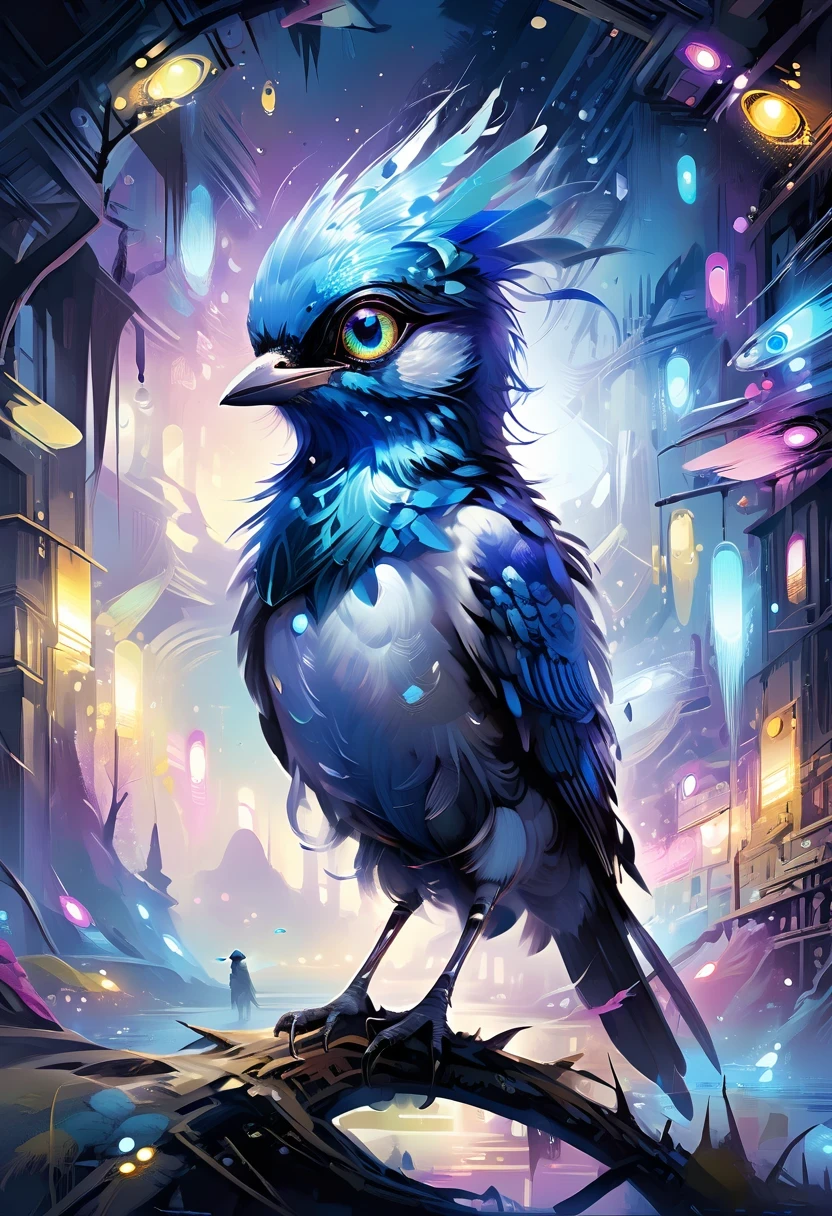 (alta resolución, colores vívidos), alienígena pájaro azul, plumas detalladas, ojos chispeantes, paisaje alienígena, colores vibrantes, atmósfera surrealista, luces brillantes, Características de otro mundo, patrones intrincados, paisaje de ensueño